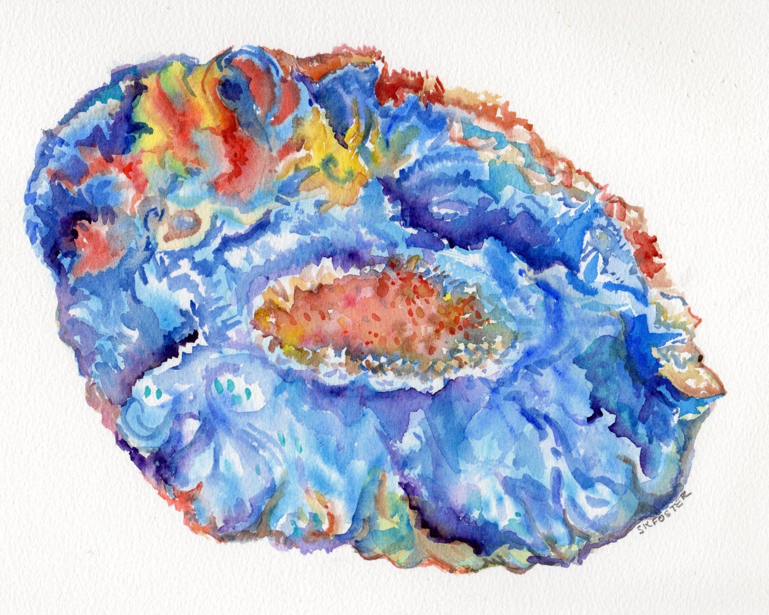 Agate inspired Watercolor, original painting in a melody of blues and browns, minerals, mineralogy
