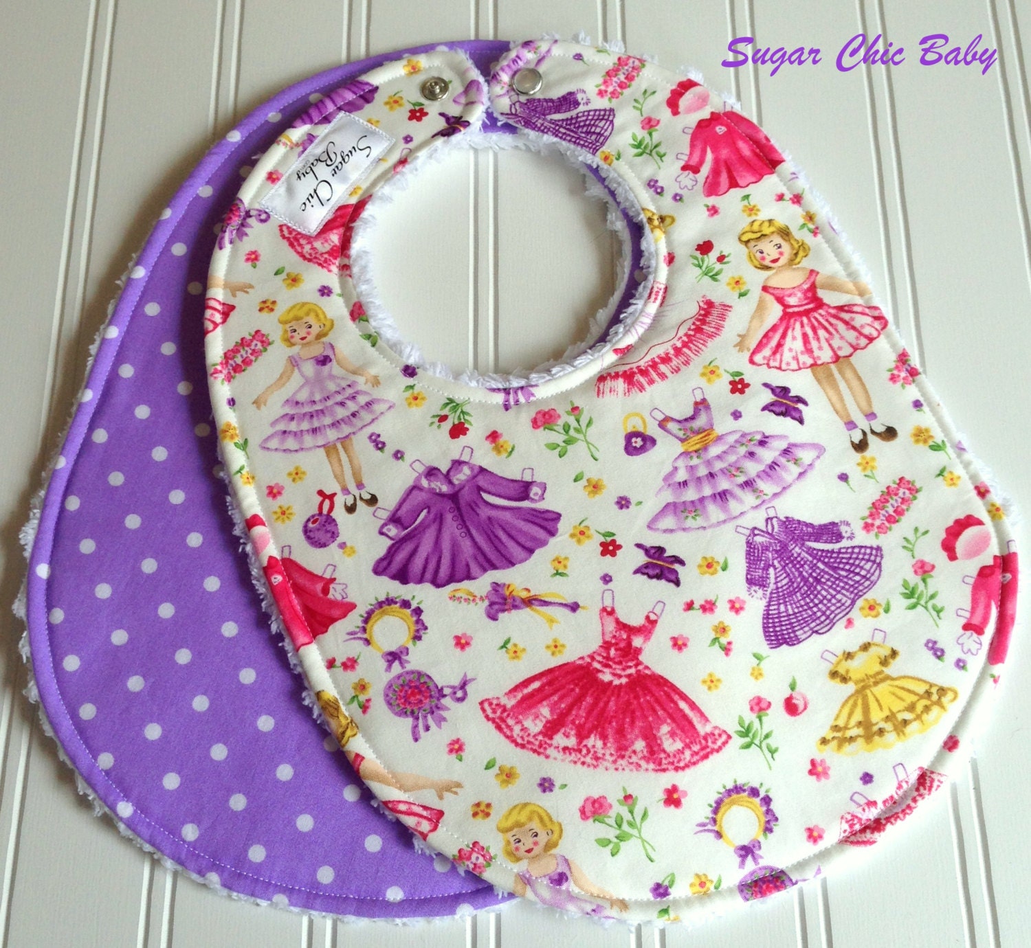 SALE....Baby Bibs for Baby Girl  - Set of 2 Triple Layer Chenille  -  Vintage Retro Paper Dolls & Lavender Dots