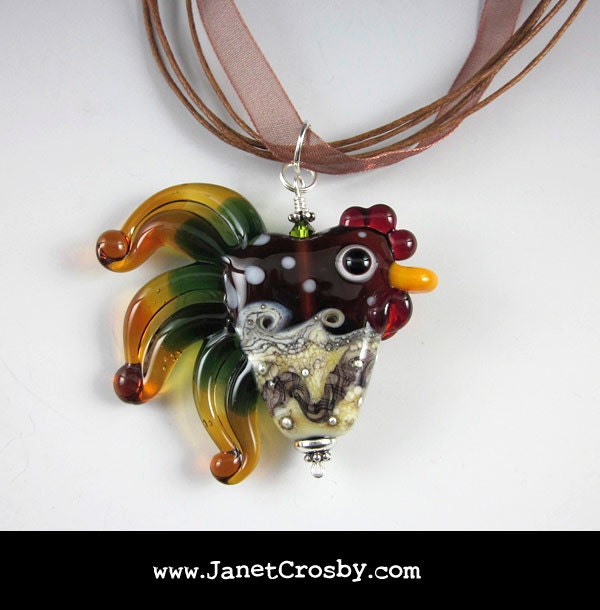 Stormy Seas Rooster - Glass Lampwork Chicken Bead Pendant Necklace