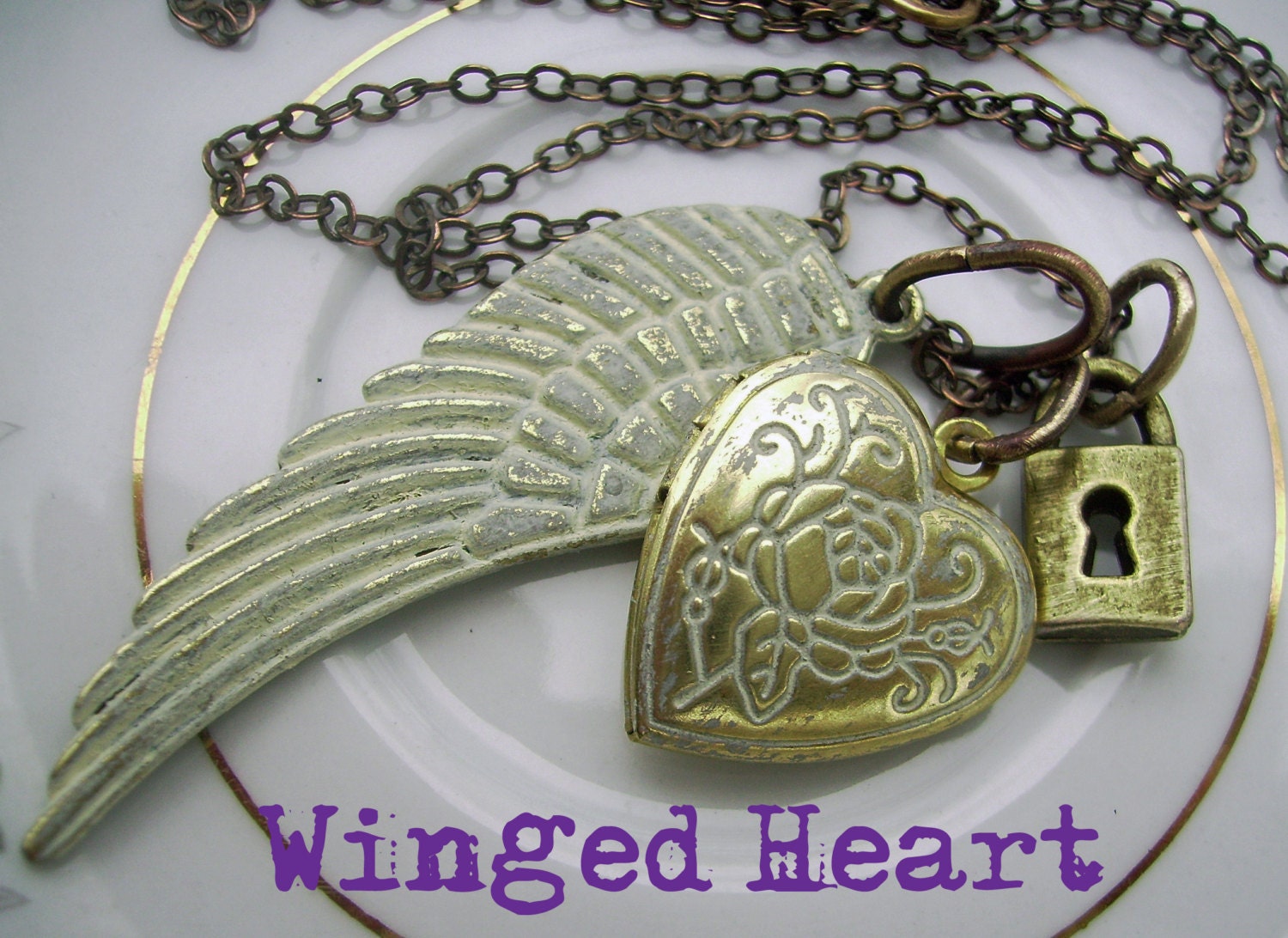 Antique Brass Heart Locket Necklace, Padlock Key Charm, Vintage Style Patina Wing Pendant - Mothers Day Jewelry, Winged Heart