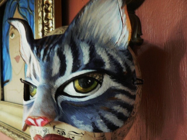Grey Tabby Stripe Cat Mask, leather mask beautifully hand painted by SherriLynnCarroll