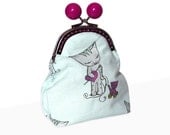 Cat Purse -  Pink Percy the cat with heart - metal frame purse - pink bobble clasp - large