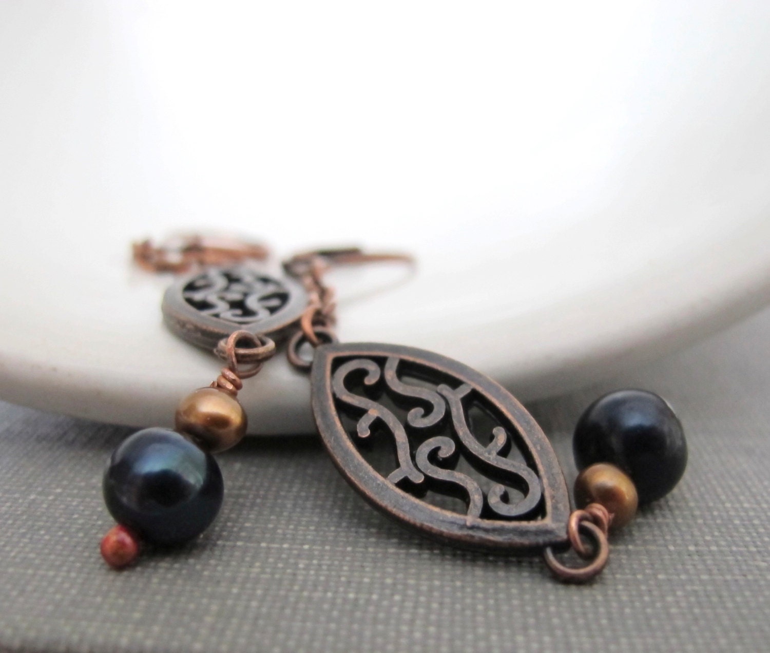 Pearl Earrings, Blue Black Pearls, Bronze Pearls, Copper Earrings, Filagree Copper, Freshwater Pearls, Dangle Earrings