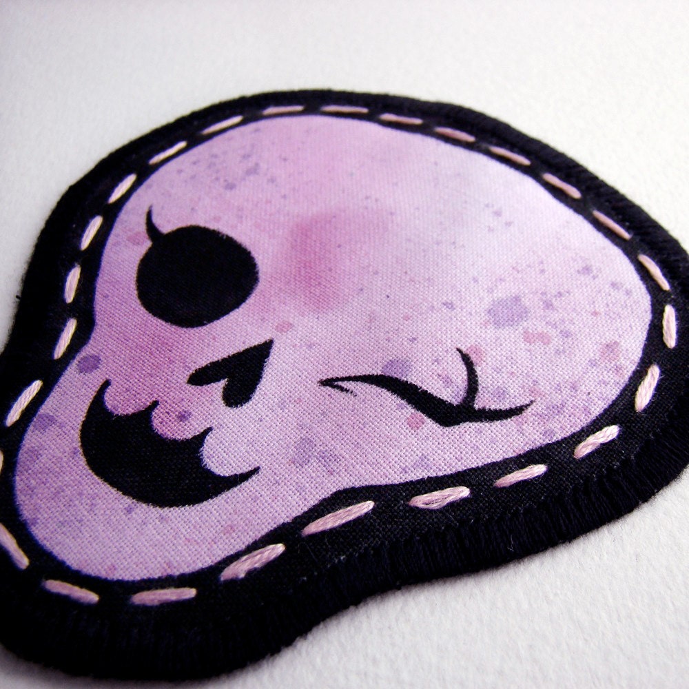 Hand Painted Fabric Patch -Pink Winking Skull with purple spatter-