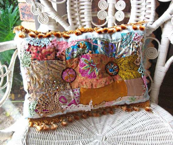 Boho Creek Chic Pillow, Silk Patchwork, Beaded Buttons, Bohemian, Gypsy, Home Decor, Cushion