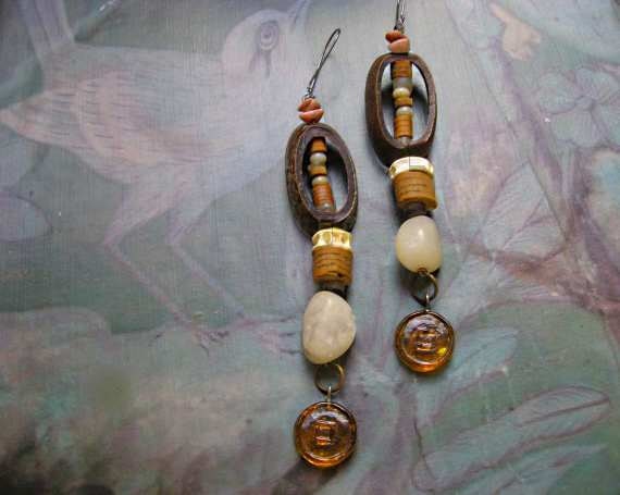 Earth Earrings, Stone, Wood, Clay, Seed Pod, Glass, Rustic, Brown, Long Earrings