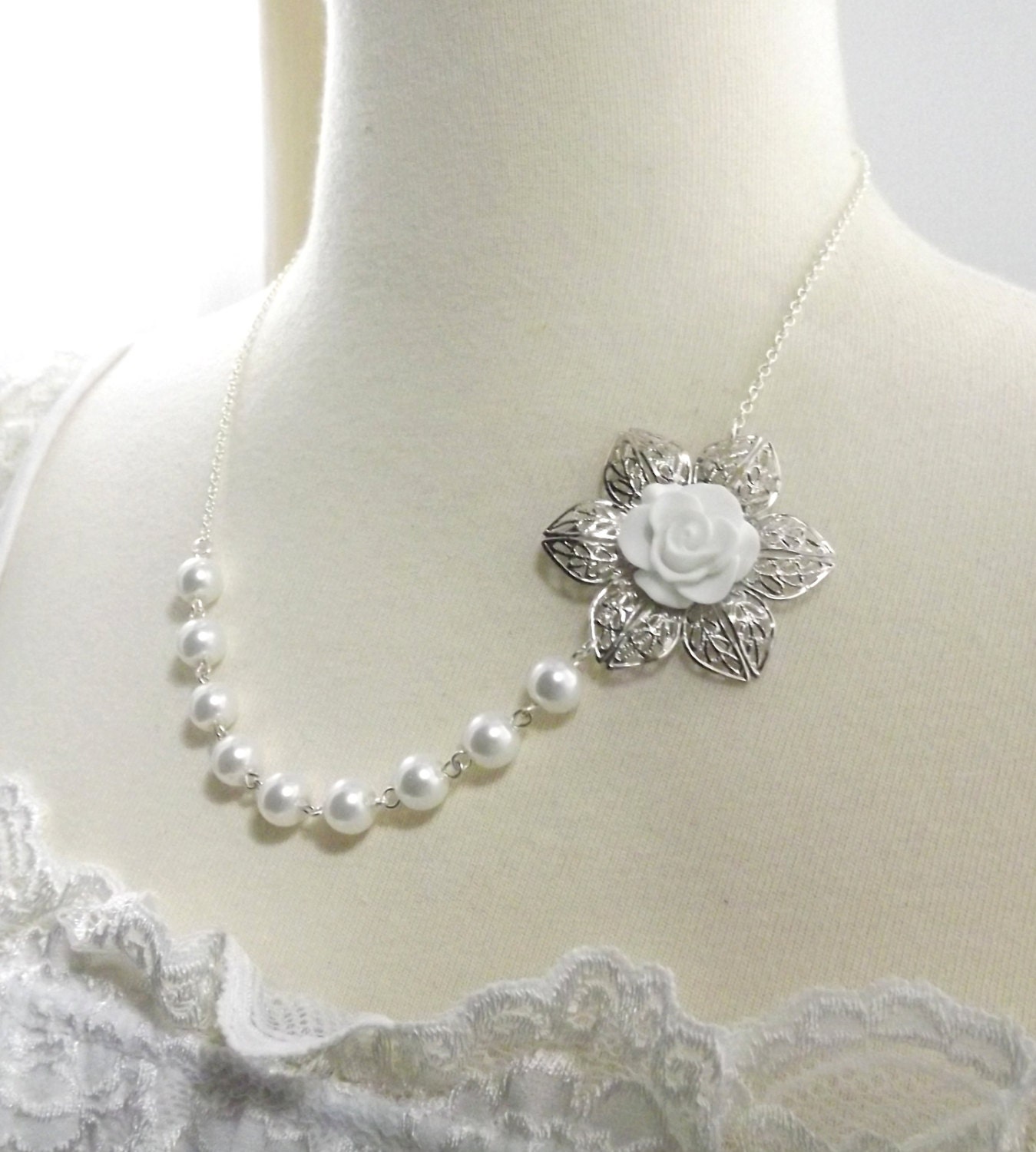 White Flower White Pearl and Silver Bridesmaids Wedding Necklace