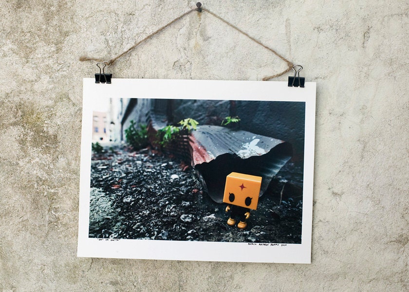 Out Da Gutta - toy photography, urban, vinyl toy, graffiti, toy, orange, black, kids room, come back, 8x10, print, patrick andrew adams