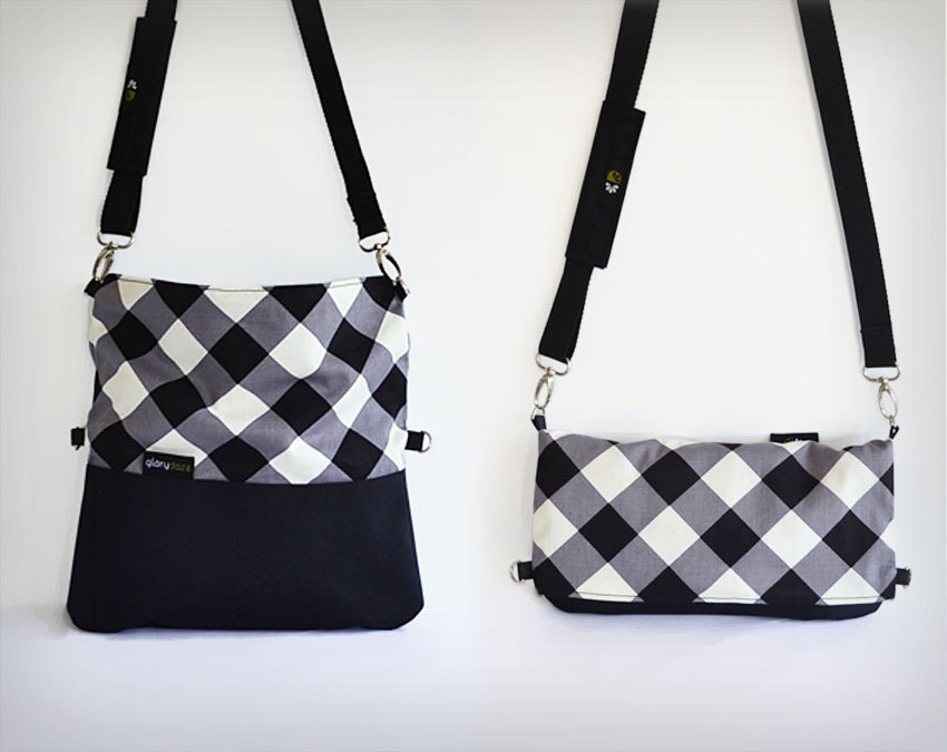 DUO BAG SMALL  -  Black White check - Foldover Bag Canvas Screen Print ClutchTartan checkered