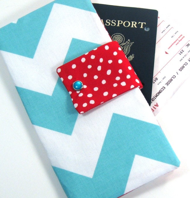 Snap Travel Passport Wallet in Aqua Chevron & Red Dots