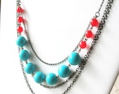 Vintage Bead Seafoam Teal and Red Multi-Chain Necklace - Mod Rosie Sky
