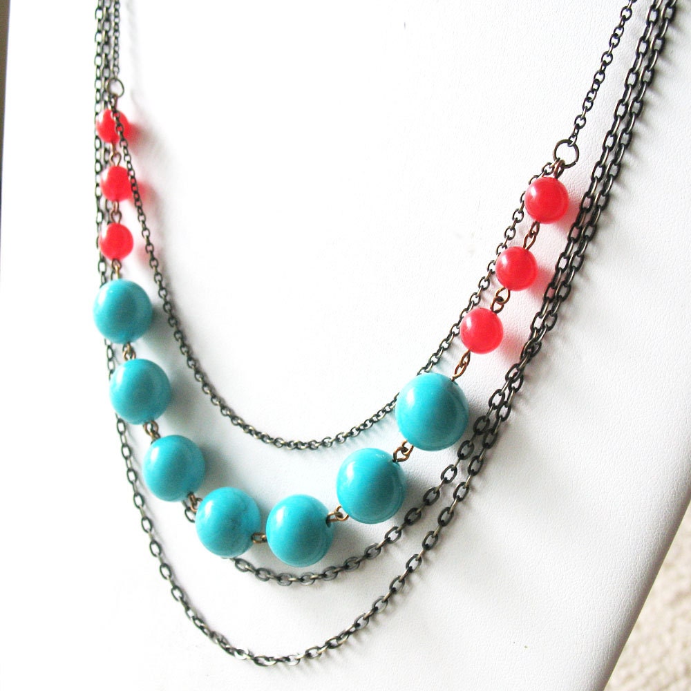 Vintage Bead Seafoam Teal and Red Multi-Chain Necklace - Mod Rosie Sky