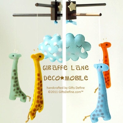 Musical Baby Mobile GIRAFFE LANE (custom color)  hand-painted details both sides - Art Mobile for Modern Nursery Decor, Baby Crib, Playroom