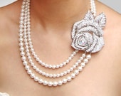 Vintage Style Bridal Necklace, Rhinestone Rose Pearl Wedding Necklace, Victorian Wedding Bridal Jewelry, Statement Pearl Necklace, Alba Rose