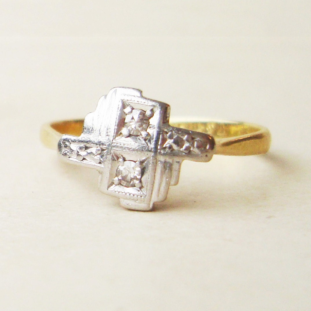 Art Deco Diamond Ring, Antique Engagement Ring, Geometric Diamond Platinum & 18k Gold Ring Size US 6.25