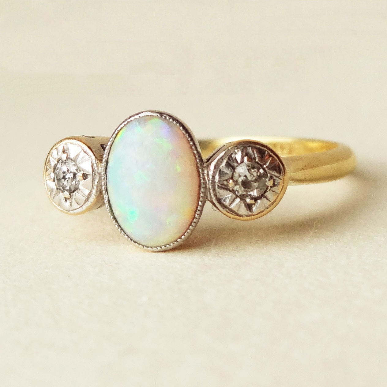 One of a Kind Art Deco Opal, Diamond , Platinum and 18k Gold Engagement Ring Approx Size US 6.25 / 6.5