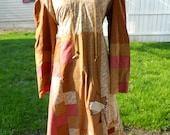SALE Earthy Autumn Leafs Hippie Patchwork Hooded Peasant Dress Long Bell Sleeves