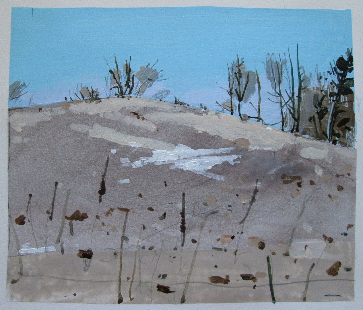 Little Snow Patch, Original Landscape Collage Painting on Paper