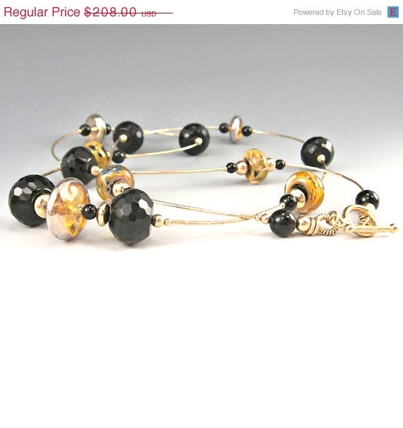 30% off SALE Luxe Statement Necklace, 14k Liquid Gold Fill, Onyx Gemstone, Lampwork , LONG