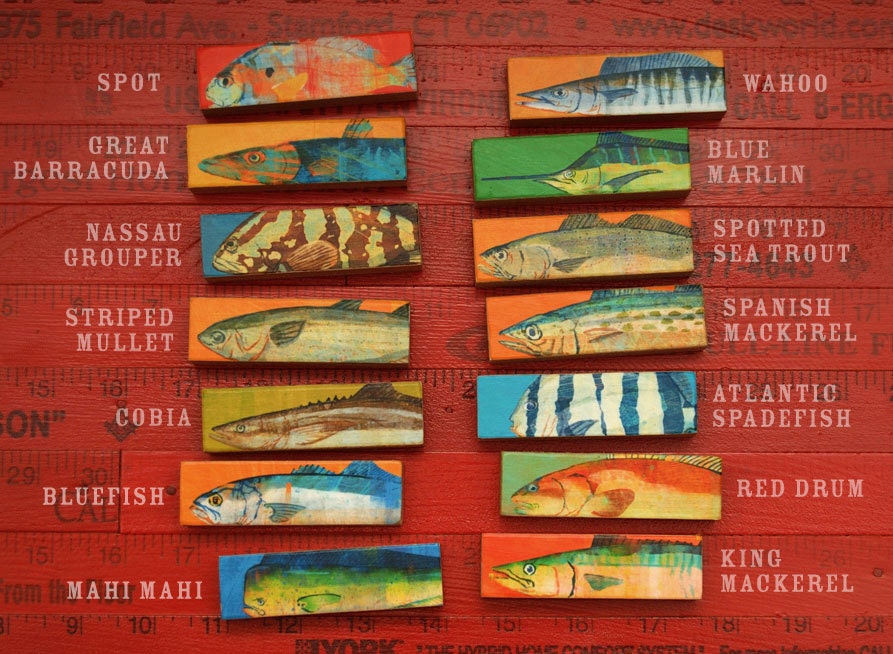 Fish Art - Fish Sticks - Saltwater Fish Art Block Set of 7 - Coastal Beach Decor - Beach House Art - Fathers Day Gift for Dad