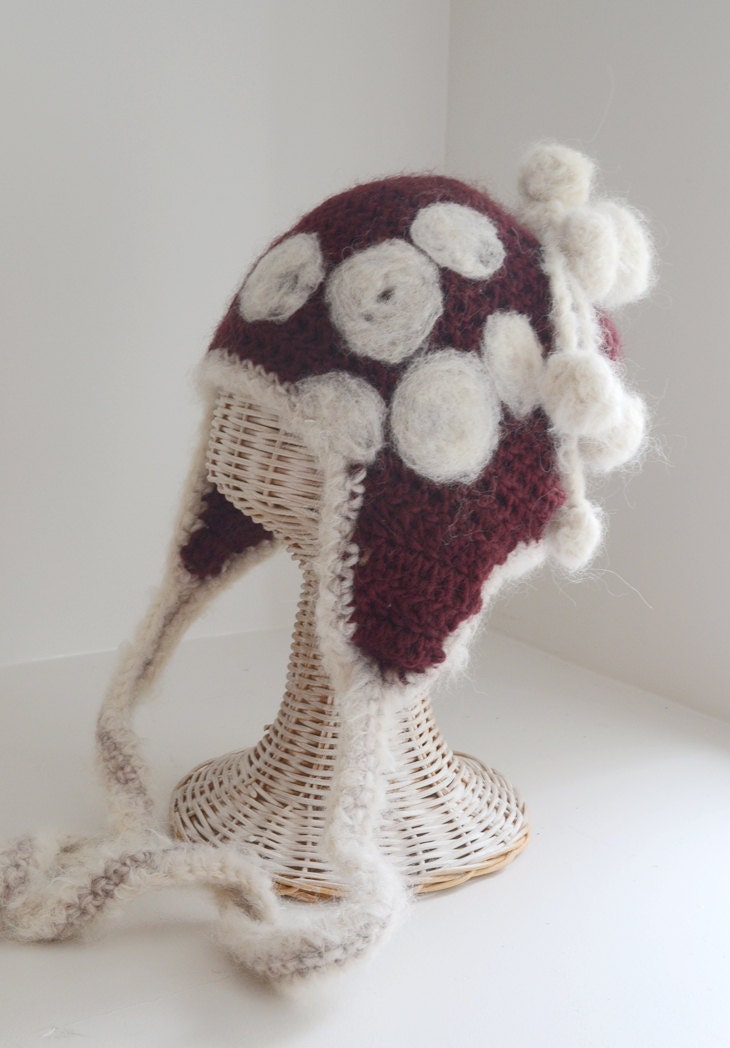 Wool ear flap cap - burgundy colour - Snow balls