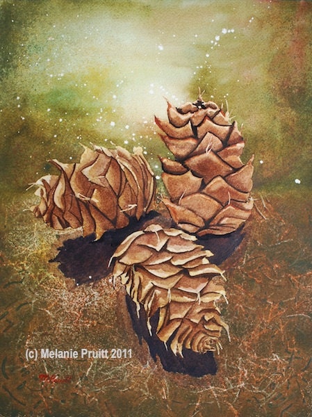 Original WATERCOLOR 12x16 painting Enchanted Magical Pinecone Forest by M Pruitt