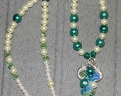 Crystal and Glass Pearl Beaded necklace with Wire Wrapped Key Pendant