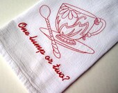 Embroidered Cotton Dish Towel - Genuine Flour Sack Towel, Red Work Dish Towel. Tea Cup Embroidery