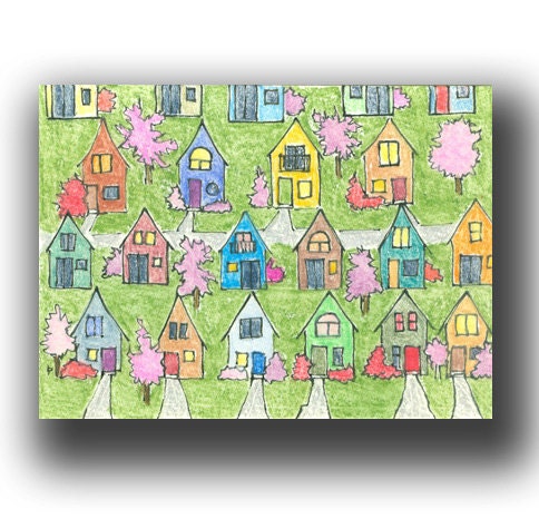 SPRING neighborhood ACEO watercolor pencil LANDSCAPE