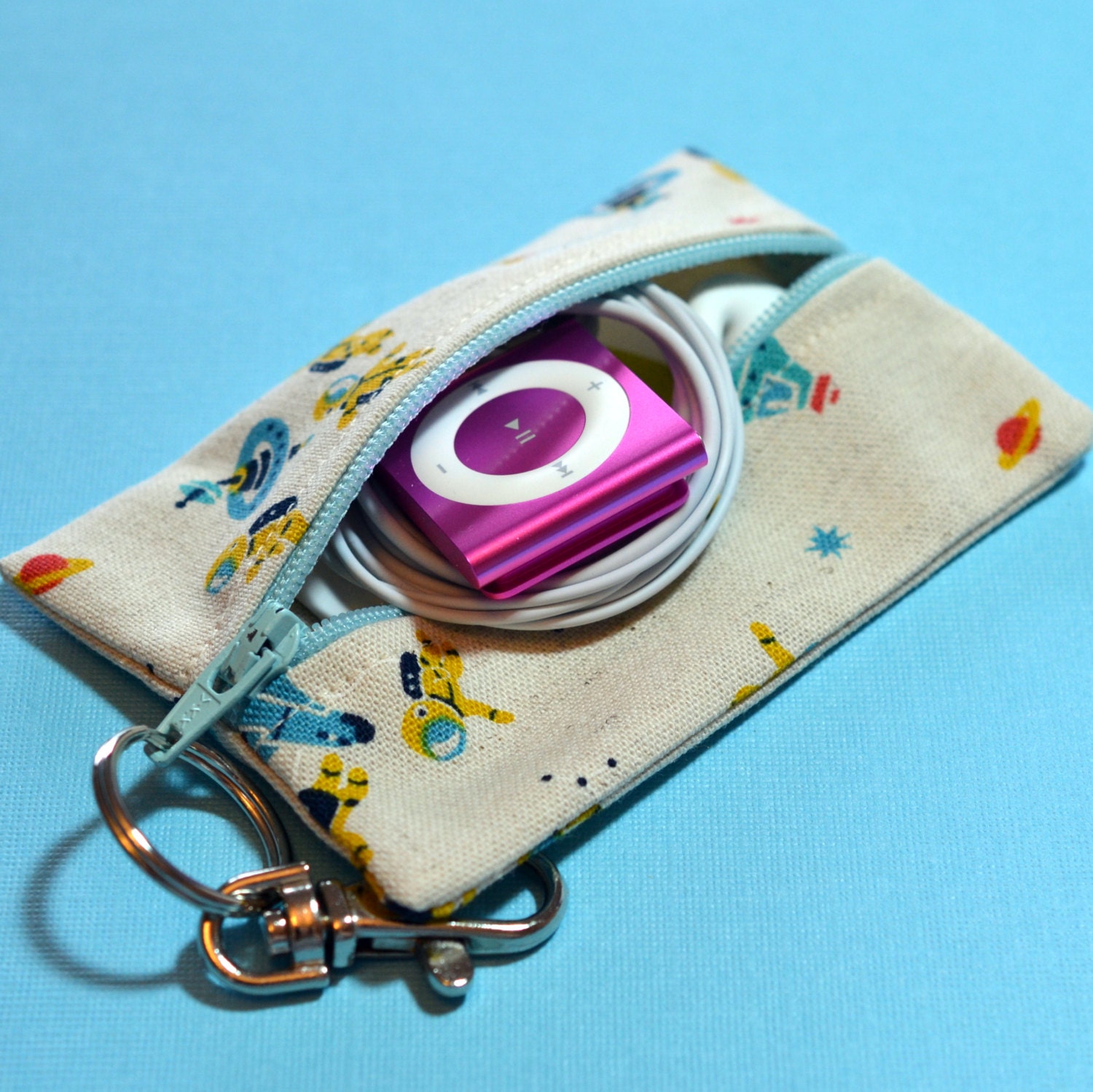 Beige & Blue Card Case  - Zip It Coin Purse -  Space Man