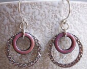 Ready to Ship, LoopDeloop Enamel Earrings, Kiln-Fired Orchid Pink Enamel on Copper with Hammered Silver Loop, Sterling Silver Earwires