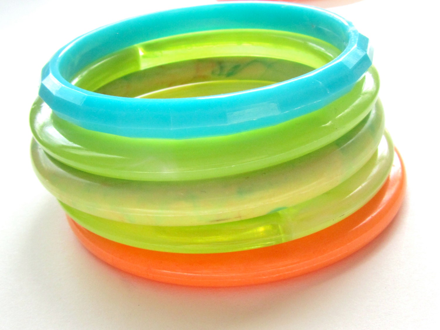 Vintage Beach Bangle Stack - plastic bracelets in summer colors - aqua, neon mint, marbled green, coral orange - stacking jewelry set - lindalinda