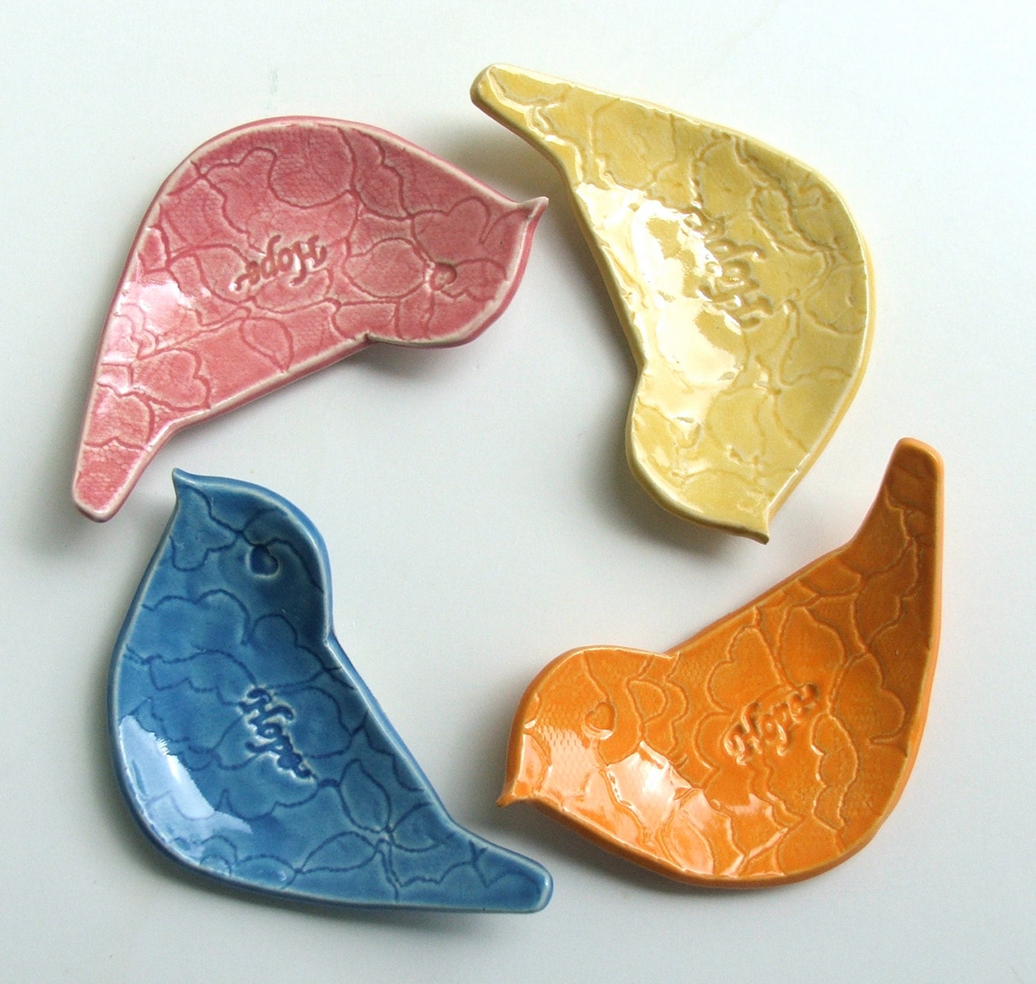 Hand Built Lacy Ceramic  Bird Plate, " Hope", Choice of Colors