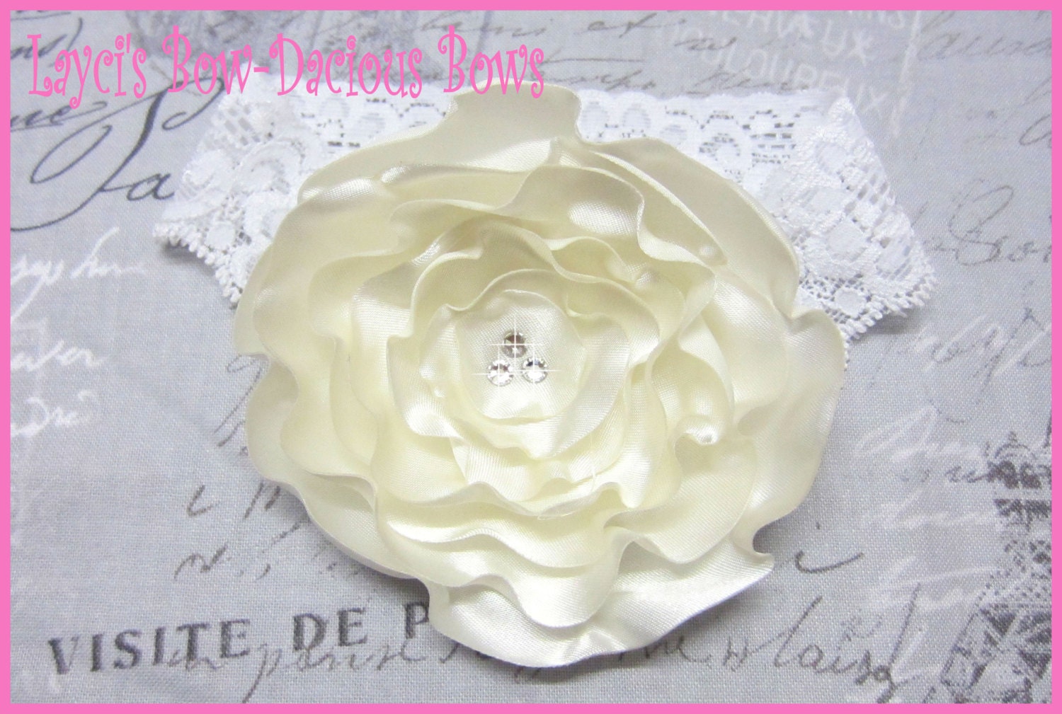 Ivory Satin Flower on White Lace Headband, international shipping, wedding, christening, bridal, hair accessory
