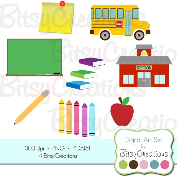 School Supplies Digital Art Set Clipart by BitsyCreations INSTANT DOWNLOAD
