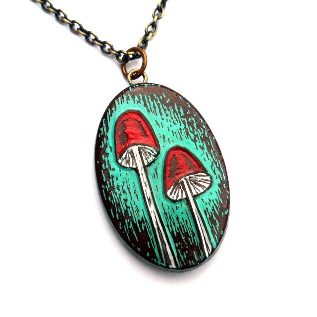 20% OFF SALE - Rustic Woodland Mushroom Necklace - Turquoise, Red and White