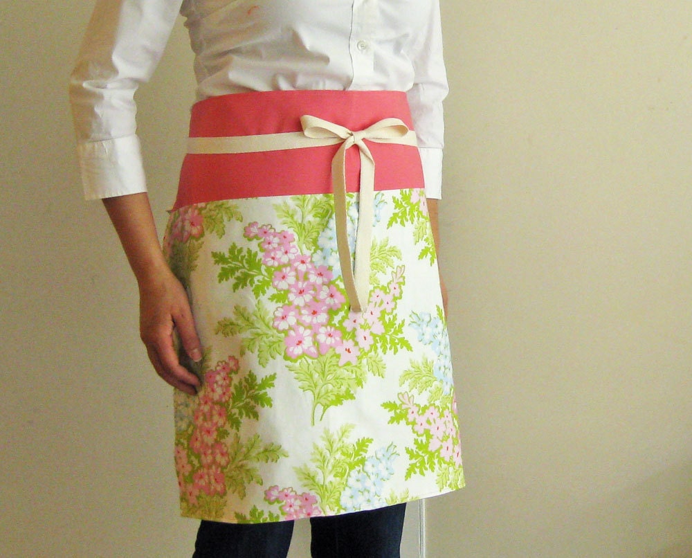 Apron - spring flowers with coral pink band reversible