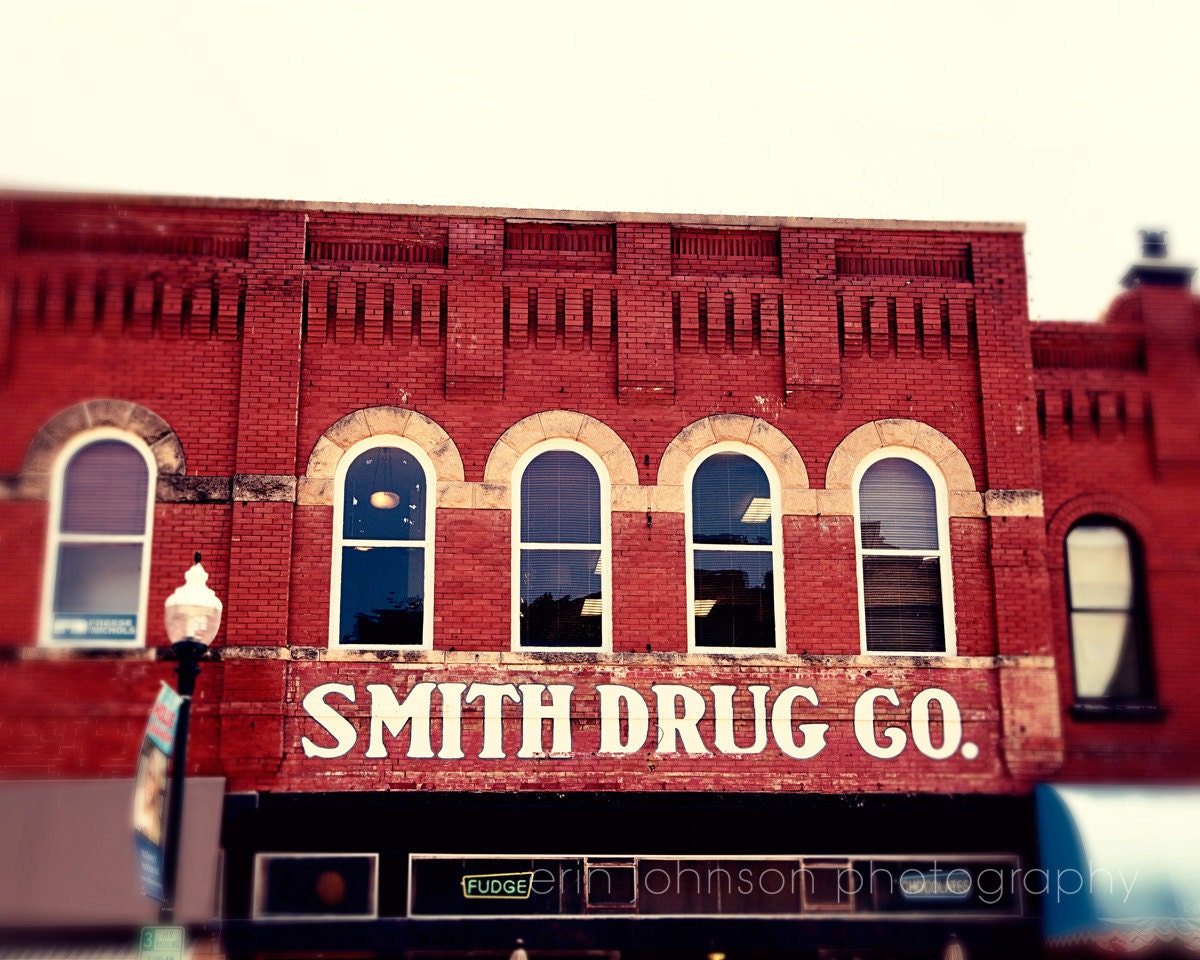architecture photograph red wall art old drug store decor mckinney texas downtown brick building Smith Drug