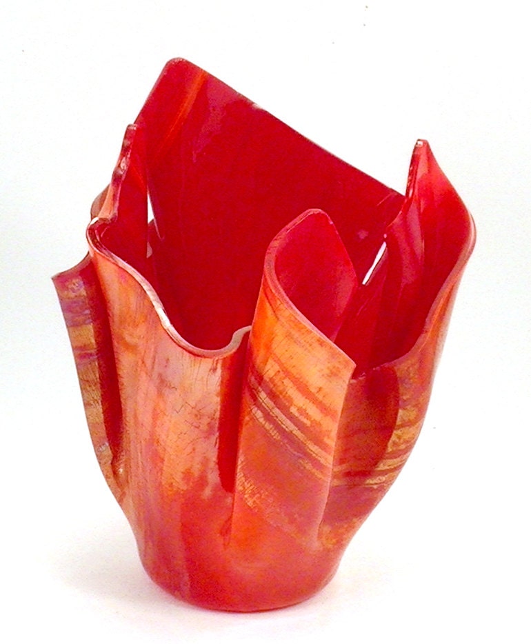 Vase Candle - Red Wispy Iridized Glass Vase