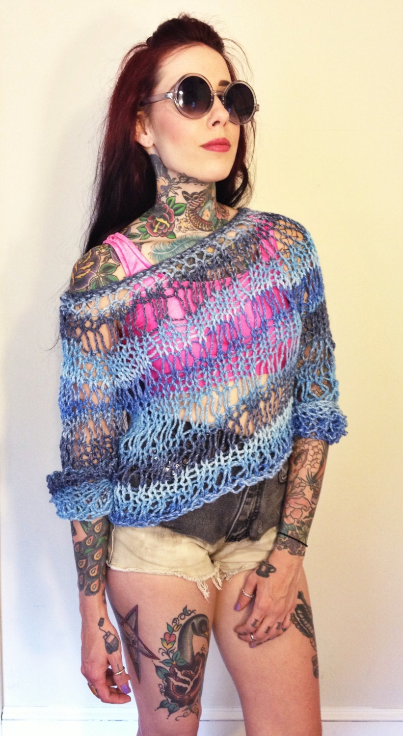 Blue ombré handknit open lace sweater - loose summer knit drop stitch top