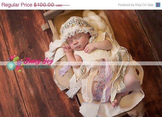 SALE VinTaGE SHaBBy CHiC Newborn BoNNeT 0 - 6 month Baby PiNaFoRe DReSs set PHoTo PRoP Sheer Skirt Floral Fabric Fringe QUiLt PaNeL Open Ti