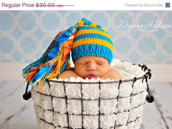 SALE Newborn Boy Girl Baby HAT Photo Prop SuPeR TaSSeL CHuCkles Cap UNiGender Turquoise Yellow Stripe w Orange Pick Colors KNiT to ORDeR To