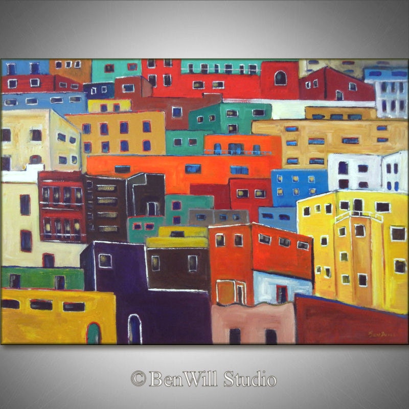 LARGE COLORFUL Painting Original Modern Wall Art - Large Oil Painting on Canvas - HOUSES 40x28 by BenWill