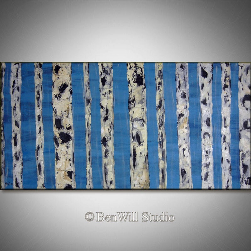 BIRCH Tree Painting ORIGINAL Blue Gray White Birch Forest LARGE Fine Art Oil Painting on Gallery Canvas 48x24 by BenWill