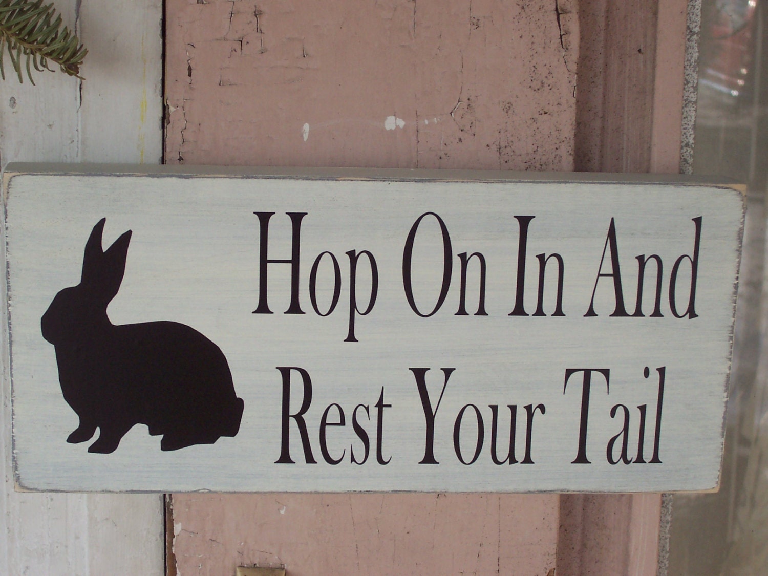 Rabbit Silhouette Hop On In And Rest Your Tail Wood Vinyl Sign - Door Hanger Porch Home Decor Sign