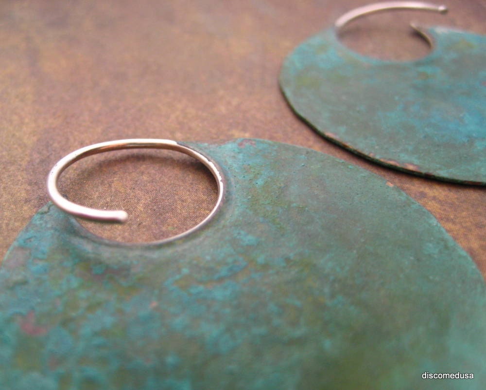 Sale Irregular 18g large brass blade hoop earrings with blue green patina