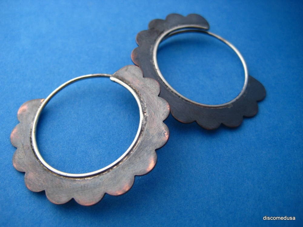 large sterling silver and copper floral blade hoop earrings tribal industrial bellydancing boho chic