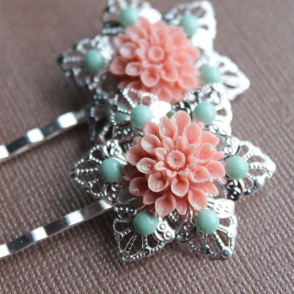 Silver Plated Hair Pins - One Pair - Flowers - Swarovski Pearls - Pink & Mint Green