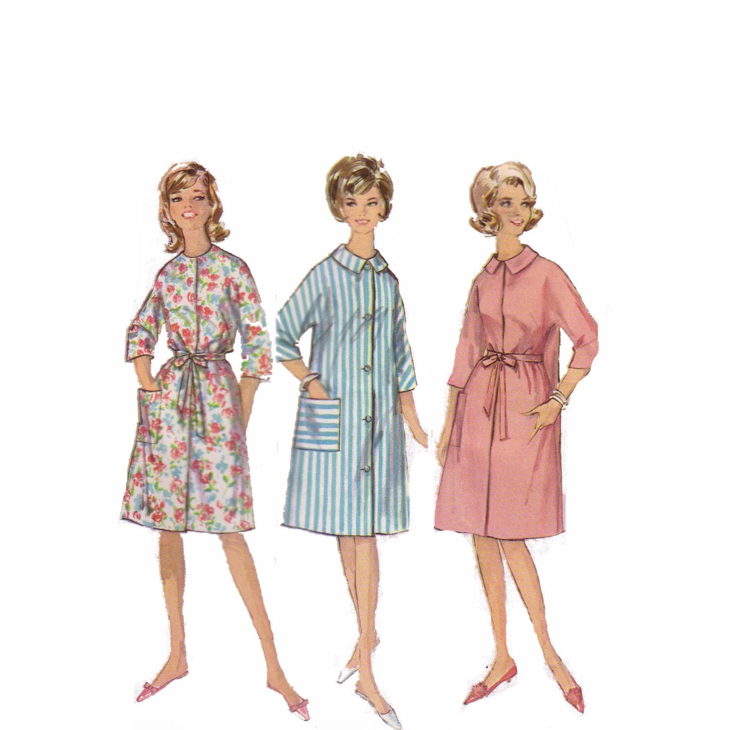 60s Belted Robe vintage pattern 34-26-36 mad men  pockets bathrobe