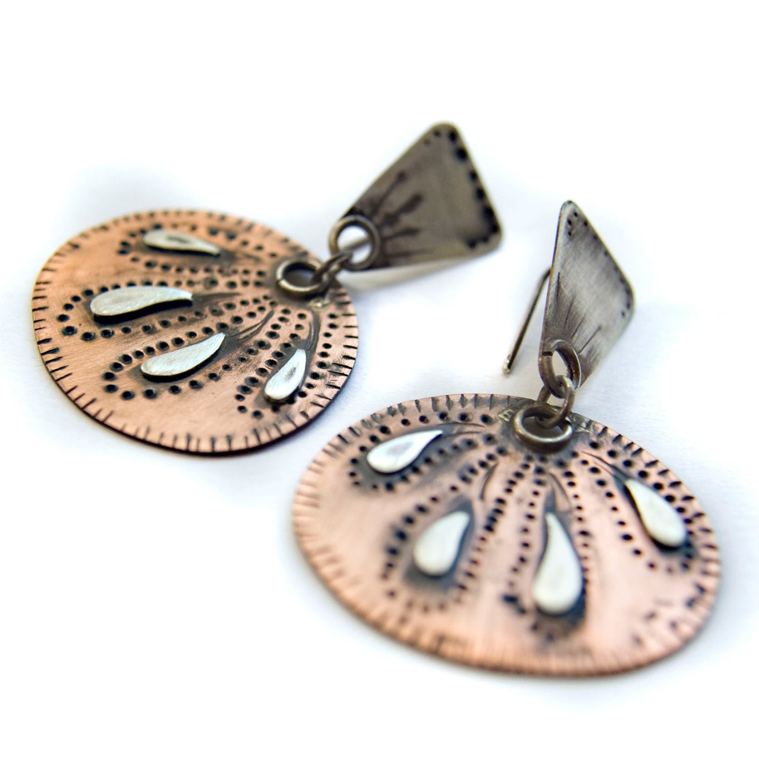 Textured Oval Copper Earrings - Tribal Mixed Metal Earrings - Artisan Rustic Jewelry - OOAK